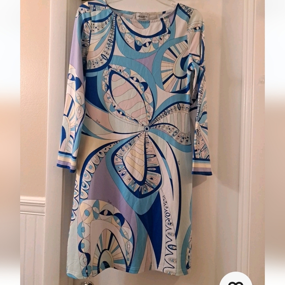 Emilio Pucci Shades Of Blue Peach, Violet In a Geometric  Silk Jersey Dress Sz38